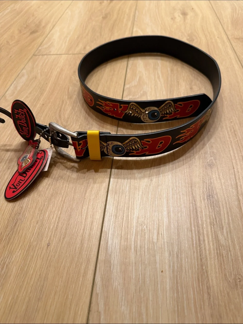 Von Dutch Black Belt with Red Flame and Yellow Loop